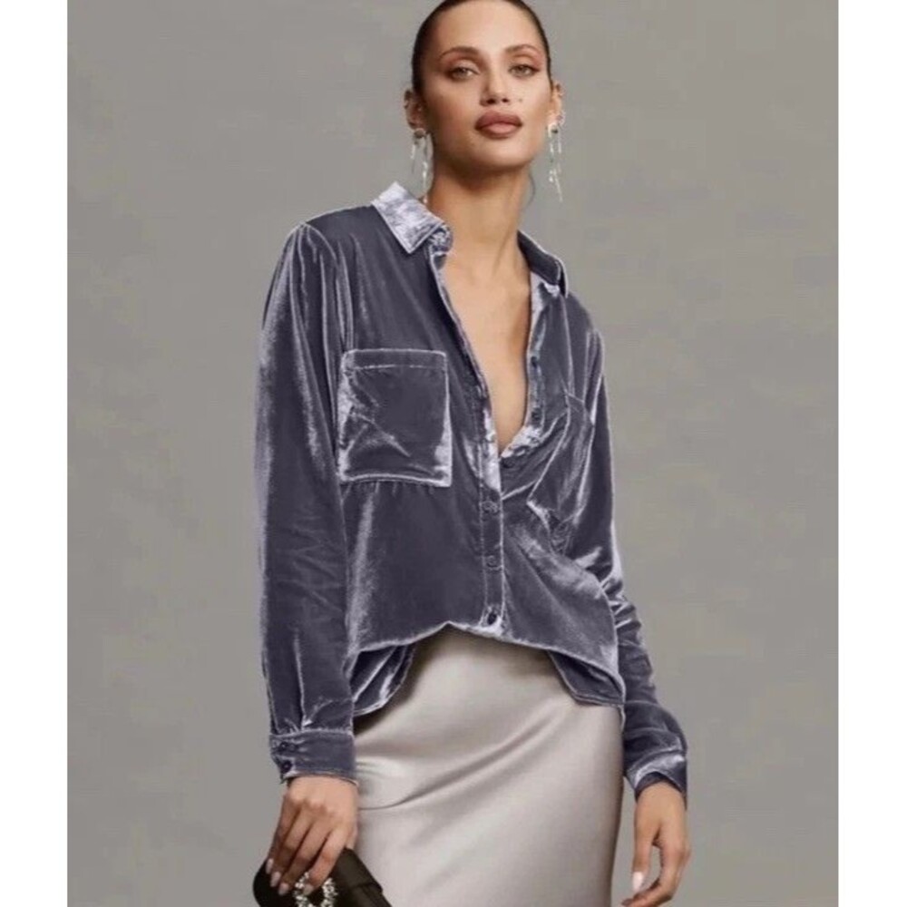 Pilcro The Hadley Velvet relaxed Button down Shirt Anthropologie silver gray XSS